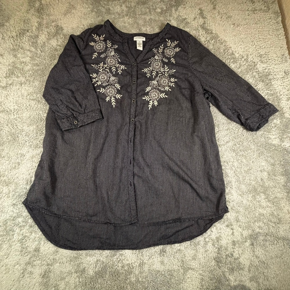 Catherines Navy Pinstripe Floral Embroidered Tunic Blouse 2X 3/4 Sleeve Cotton